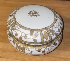 Nippon Powder Box Jar, 5.25” Round, Raised Gold Paint, Chipped Lid Rim picture