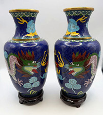Pair of Vintage Chinese Cloisonné Enamel Dragon Vases w/Stands, Circa 1960s 27cm picture