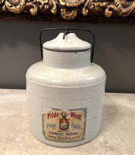 ATQ. 1900-20 PRIDE of the WEST STRAWBERRY PRESERVES STONEWARE CROCK JAR CHICAGO picture