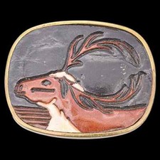 Leather Brass Deer Stag Vintage Belt Buckle picture