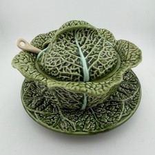Costa Pereira Cabbage Leaf Tureen Set OS Green Majolica Portugal Vintage picture