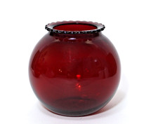Vintage Anchor Hocking Royal Ruby Red Glass Vase Ball Shape with Scalloped Rim picture