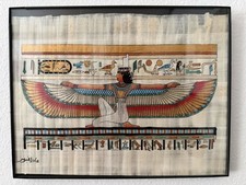 Hand Painted Egyptian Papyrus Art Goddess Maat Winged + Certificate picture