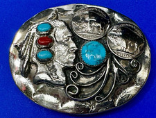 Native Indian Chief Head Buffalo Nickel Turquoise & Coral Stone Vtg Belt Buckle picture