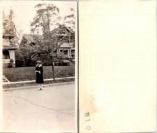 1920s Well dressed Woman in Fur Coat on Street front of Home B+W Photo S0043 picture