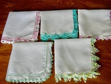 Vtg. Lot of 5 White Handkerchief w/Tatted or Crocheted Lace Colored Trim - EXC- picture