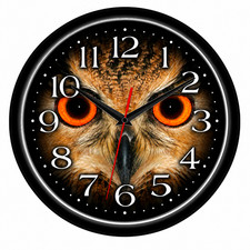 Owl Face 10 Inch Wall Clock Orange Eyes Wildlife Bird Rustic Cabin Decor | Quart picture