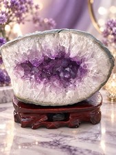 Natural Amethyst Geode 1417g / 3.12lbs w/Wooden Stand Purple Quartz Home Decor picture