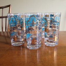 6 Vintage Busch Gardens Souvenir Drinking Glasses MCM Aqua & Gold Peacock /READ picture