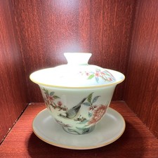 Chinese Porcelain Gaiwan Lidded Tea Cup w/ Saucer Floral Bird Design Seal Mark picture