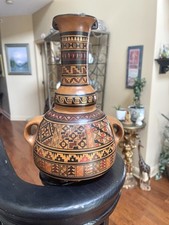 Incan HAND PAINTED Cuzco CERAMIC Peru Mythology Table Vase Inca Vessel Vintage picture