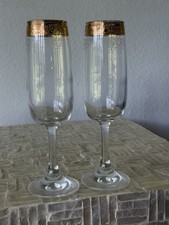 Vintage Gold Rim Champagne Flutes Set Of 2 Etched Floral Gold Band Stemware picture