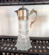 Vintage Wine/Water Diamond Cut Glass Pitcher Silver Plated Hinged Lid & Insert. picture