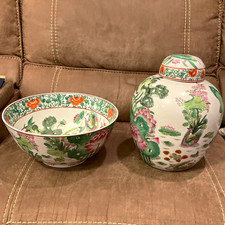 Vintage Macau Chinese Porcelain Ginger Jar – Hand-Painted Lotus & Bird Motif picture