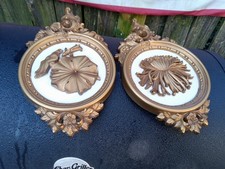 Vintage pair of 1977 Syroco MCM Wall Plaques 7490B Floral Gold/Cream picture