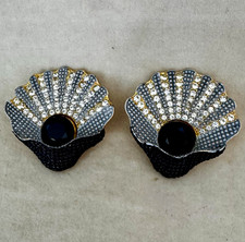 BLUETTE of France Scallop Shell Vintage Shoe Clips Gold w/Black & Clear Crystals picture