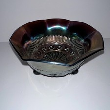 NORTHWOOD SIGNED ROSETTE AMETHYST FOOTED BOWL w/RUFFLES & RINGS EXTERIOR 7