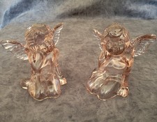 Vintage Pressed Pink Glass Sitting Cherub Angel Candlestick Holders-Set of 2 picture