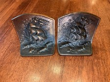 Vintage Bron Met Galleon Sailing Ship Cast Iron Bronze Finish Bookends picture