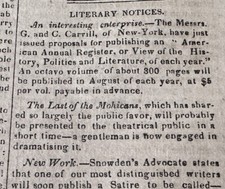 1826 Last Of The Mohicans Literary Notice, Slave Emancipation Proposal Newspaper picture