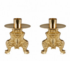 Small Ornate Brass Altar Candlestick Holders With Drip Plates 4.5