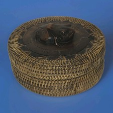 VTG Indonesia Lombok Frog Basket Wood Rattan Carved Lidded Trinket Box Storage  picture