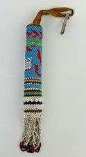 Vintage Plains Style Beaded Awl Case Distressed Leather Fringe Keychain AS IS 8