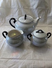 Vintage Czechoslovakia Sky Blue Luster Ware Black Handle Teapot, Sugar & Creamer picture