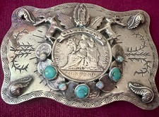 FABULOUS VTG ‘06 SWEET BIRD STERLING BELT BUCKLE TURQUOISE & OPALS WESTERN WARE picture