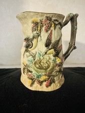Antique Majoliea Hand Painted Bird Nest Tree Branch Pitcher. Beautiful Piece picture