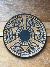 Brown & Tan Southwest Style Incised Pottery Round Tile Trivet - 5 inches in diam picture