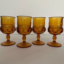 (4) Amber Indiana Glass Thumbprint Kings Crown Goblets Wine Glass Vintage 5 3/4” picture