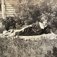 Antique Snapshot Photograph Young Woman Teen Girl Lying In Grass “Me” picture