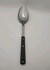 EKCO Forge Stainless Serving Slotted Spoon Black Handle 11.5” USA Vintage picture