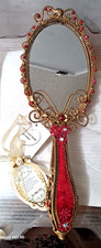 Vintage Velvet Hand Mirror Red Beaded Wire Filigree Handle Applique Flower picture