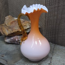 Vintage Hand Blown Peach White Cased Art Glass Pitcher Ewer Vase Applied Handle picture