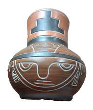 Armando De Mexico Terra Cota Pottery Vase Pot  Aztec Mayan Faces 8.5X7.5