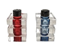 Vintage MCM Lucite Salt & Pepper Shakers Stacked Red, Blue & Clear 2