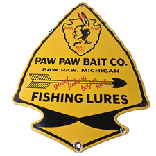 Vintage Paw Paw Bait Co Sign - Fishing Lures Arrowhead Gas Pump Porcelain Sign picture