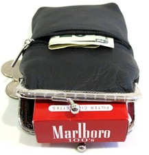 Lady's Pure Leather Cigarette Case Lighter Match Pocket Zipper Coin Pouch- BLACK picture