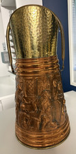 Vintage Belgian Copper & Brass Coal Scuttle Bucket 18” Embossed Village Scene picture