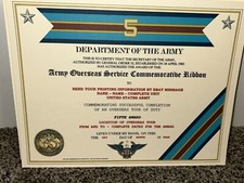 ARMY OVERSEAS SERVICE - 5TH AWARD COMMEMORATIVE CERTIFICATE ~ W/PRINTING TYPE-1 picture
