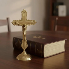 Handcrafted Brass Cross with Stand, Large Crucifix Decor, Antique Gold Finish picture