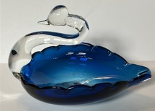 Art Glass Blue And Clear Swan Candy / Trinket Dish Handblown 4.5” picture
