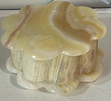 Vintage Onyx Marble Stone Covered Trinket Box Flower Shape Beige Brown 4” Decor picture