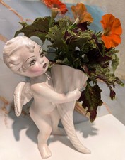 1920s Antique Hand-Painted Bisque Cherub Angel Vase - Professionally restored. picture