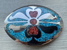 Vintage Silver Southwestern Native American Style Turquoise,Coral Inlay Buckle picture