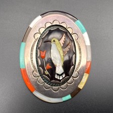 Vintage Zuni Ronnie Calabaza Hummingbird Turquoise Coral Silver Brooch Pendant picture