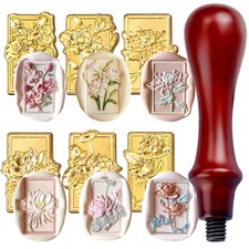7pcs Flower Wax Seal Stamp Kit - Floral Heads and Wooden Gold picture