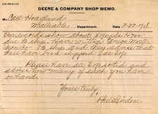 Original 1918 John Deere Company Moline Illinois Shop Memo Tractor Farming picture